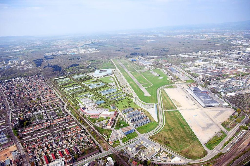 Die Visualisierung zeigt das Gelände des Flugplatzes in Freiburg und den geplanten Neubau des Stadions.