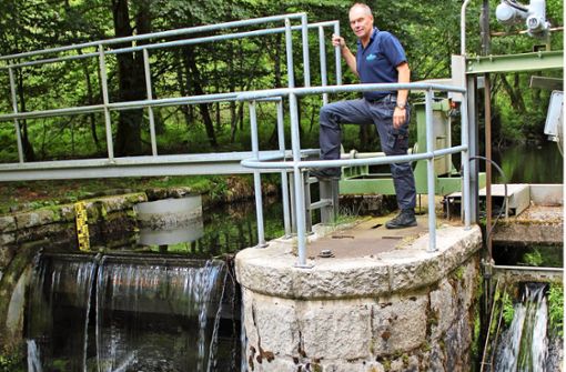 Noch fließt die Eyach gut, wie Wasserwerksleiter Wilfried Seitz am Stauwehr zeigt. Foto: Gegenheimer