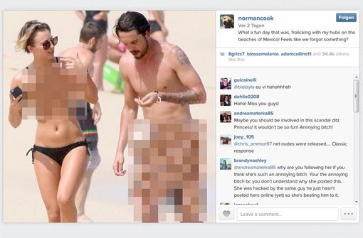 Kaley Cuoco beweist Humor: Sie postet ein Nacktbild von sich und ihrem Ehemann - auf der Instagramseite ihres Hundes. Wer sonst noch vom dem Skandal betroffen ist... Foto: http://instagram.com/normancook