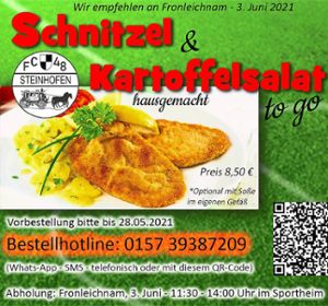 Mit diesem Plakat wirbt der FC Steinhofen für seine Schnitzel-to-go-Aktion.Foto: Wolf Foto: Schwarzwälder Bote