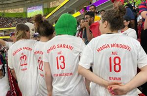 Pussy Riot-Aktivistinnen  haben bei der WM in Katar für Frauenrechte im Iran protestiert. Foto: dpa/Ciaran Fahey