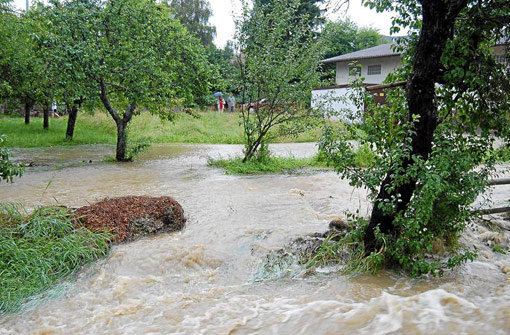 Naturgewalt: Bild von der Überschwemmung am Freitag in Bisingen. Wie ein Bach läuft das Wasser über die Wiesen, wie hier am Angelbach. Die Überschwemmung ging aber vergleichsweise glimpflich aus. Foto: Schreijäg