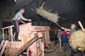 Dreschen wie anno dazumal demonstrierten Heinz Otto Renz (rechts) und Uli Hess mit der historischen Dreschmaschine von Ködel & Böhm. Foto: Maier