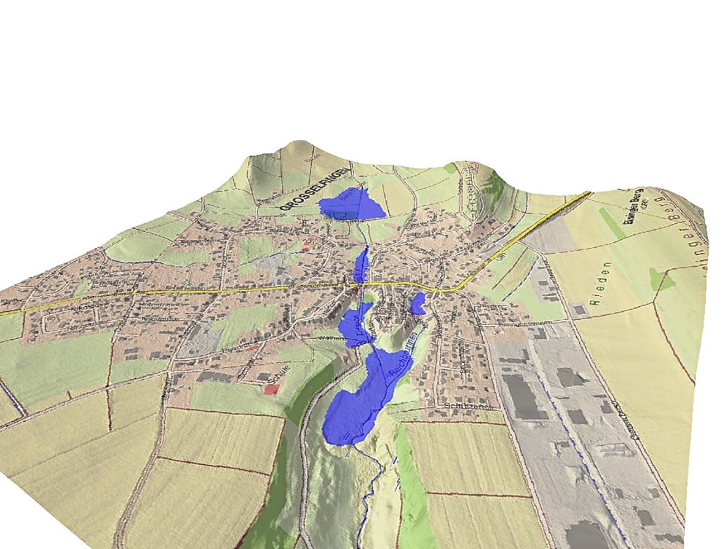 Die Grosselfinger Seenplatte von 1500. Fünf Weiher lassen sich rekonstruieren. Das Schloss-Plateau und der Marktplatz erheben sich majestätisch über der Wasserfläche. Foto:  Karte: LGL/LAD (Hesse/Lieb)