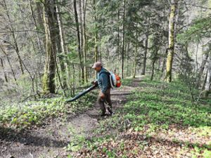 Forstmitarbeiter Karl-Heinz Gut richtet den Waldlehrpfad in Mundelfingen mit einem Laubbläser her. Foto: Wolf Foto: Schwarzwälder Bote