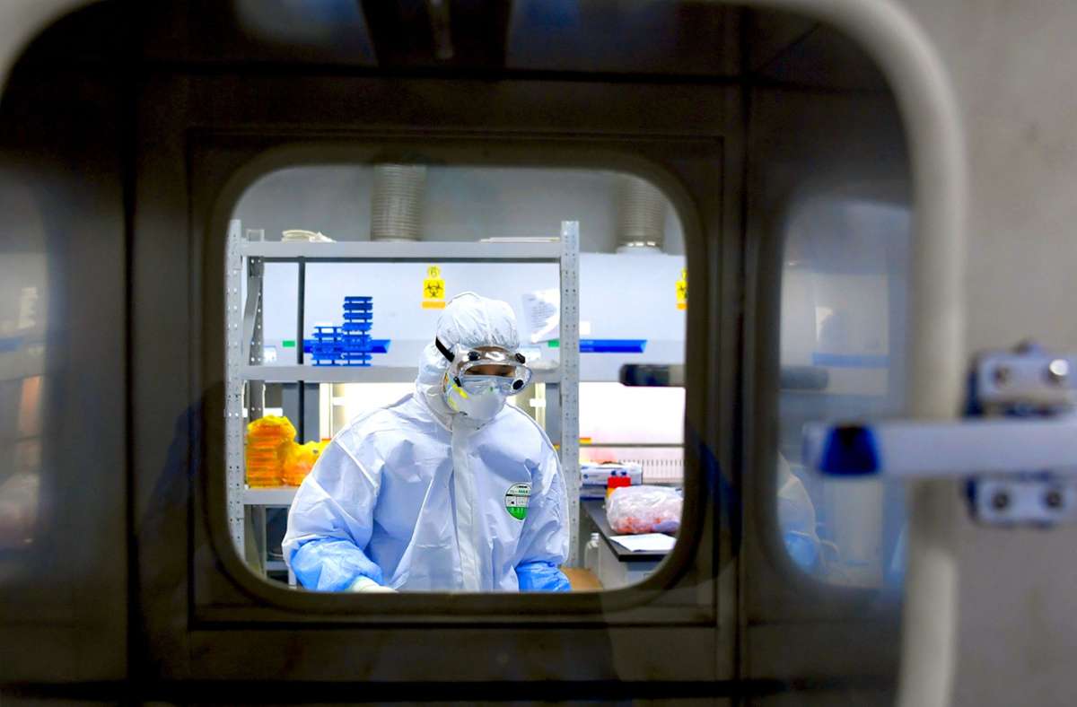 Ein Mitarbeiter in einem Labor am Nachweis von Coronaviren. Es gibt eine Theorie, wonach Sars-CoV-2 aus einem Forschungslabor in Wuhan stammt. Foto: dpa/Cheng Min