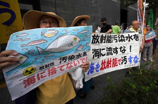 Demonstrierende halten am Donnerstag Poster mit der Aufschrift: „Leitet kein radioaktiv-verseuchtes Wasser ins Meer“ und „Verseucht das Meer nicht mit Radioaktivität“ Foto: AFP/Kazuhiro Nogi