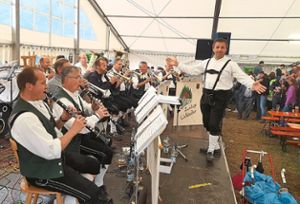 Die lustigen Wildecker unter der Leitung von Elmar Seeburger spielen im Zelt beim Vatertagsfest des Irslinger Musikvereins auf.  Foto: kw Foto: Schwarzwälder Bote