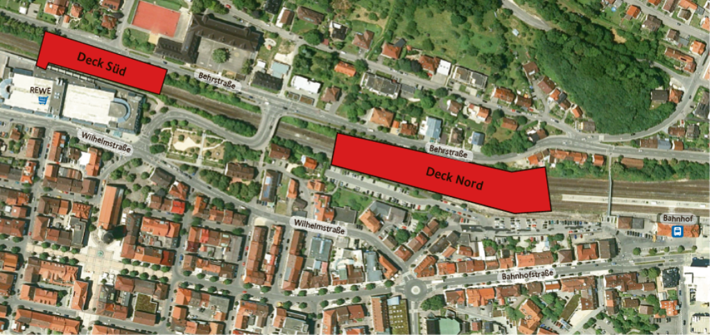 Zwei Parkhäuser über den Gleisen – eines nahe dem CityCenter (links), das andere parallel zum Lindle (rechts) – könnte sich Baumeister vorstellen. Bis zu 6000 zusätzliche Stellplätze könnten so in Balingen entstehen.