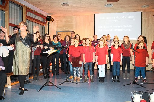 Kinder- und Erwachsenenchor sangen gemeinsam für die kleinen und großen Gäste beim Benefizkonzert der Lebenshilfe in der Eichenäckerschule.  Foto: Sannert Foto: Schwarzwälder-Bote