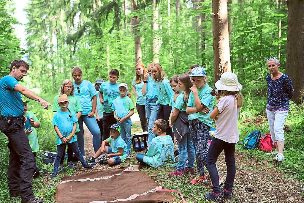 Förster Stephan Kneer erläutert den Kindern das  Waldmemory.  Petri Heil: Auch Angeln steht  auf dem Programm (rechtes Bild).  Fotos: Schatz