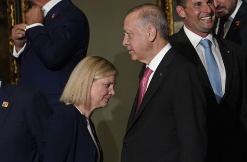 Magdalena Andersson (links), Ministerpräsidentin von Schweden, geht am türkischen Präsidenten Recep Tayyip Erdogan vorbei, nachdem sie sich während eines Besuchs im Prado-Museum im Rahmen des Nato-Gipfels die Hände geschüttelt haben. Foto: Andrea Comas/AP/dpa/Andrea Comas