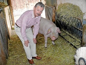 Hartmut Gindele zeigt stolz seinen Stall, der nach dem sogenannten Schweinebett-System aufgebaut ist. Die Tiere können selbst entscheiden, ob sie im Stall herumlaufen  oder im Unterschlupf entspannen wollen. Fotos: Armbruster Foto: Schwarzwälder-Bote