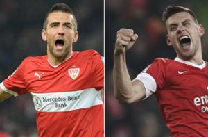 Das Duell des FSV Mainz 05 gegen den VfB Stuttgart entscheidet auch die Form der Topstürmer Ibisevic (links) und Szalai. Foto: Montage/dapd/dpa