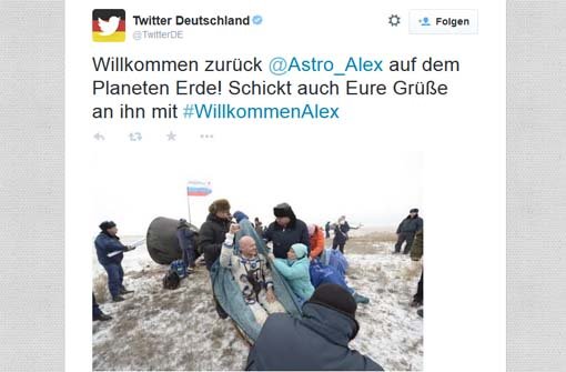 Der Astronaut Alexander Gerst ist wohlbehalten in Kasachstan gelandet. Twitter Deutschland begüßte Astro_Alex zurück auf der Erde - etliche seiner Follower sendeten ebenfalls Willkommensgrüße. Foto: https://twitter.com/TwitterDE / SIR-Screenshot