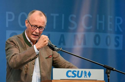 Friedrich Merz, Bundesvorsitzender der CDU, spricht beim Politischen Frühschoppen Gillamoos im niederbayrischen Abensberg. Foto: dpa/Sven Hoppe