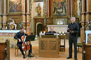 Cellist Matthias Schick, Organist Martin Frieß und Bassbariton Samuel Schick führen in der Johanniskirche barocke Werke auf. Foto: Steinmetz