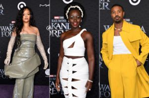 Superstars bei der Premiere von „Black Panther: Wakanda Forever“ (von links): Rihanna, Lupita Nyong’o und Michael B. Jordan. Foto: dpa/Richard Shotwell