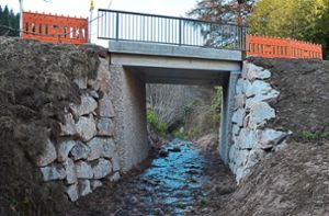 Die Arbeiten an der neuen Betonfertigteil-Brücke in Hinter-Kaltbrunn über den Grüßgottbach befinden sich auf der Zielgeraden. Das Bauwerk ist für den Verkehr seit kurzem wieder passierbar. Foto: Herzog