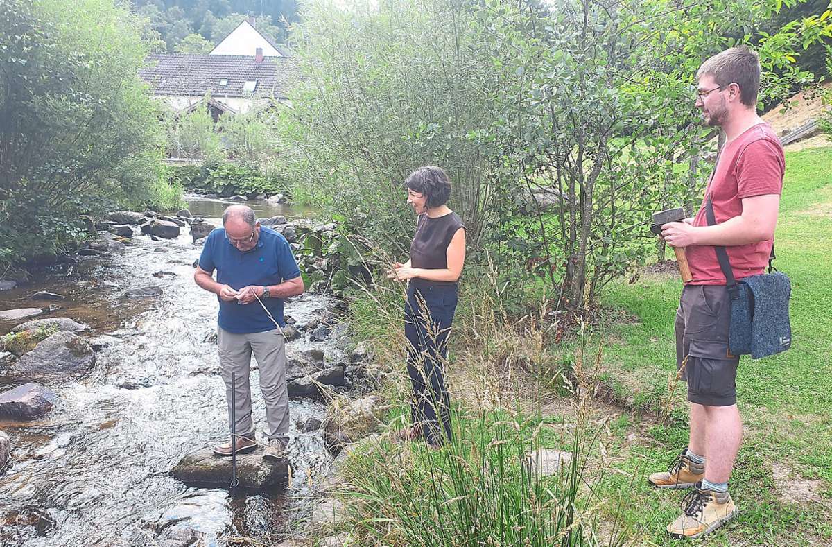 Michael Roth zeigt Oberbürgermeisterin Dorothee Eisenlohr und Alexander Mönch vom Tiefbauamt am Berneckstrand, wie die Datenlogger gesetzt werden, um die Wassertemperatur zu messen. Diese sollte zum Wohle der Forelle gesenkt werden.