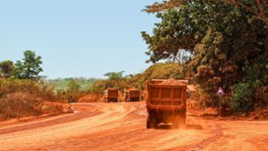 Lastwagen transportieren Bauxit entlang einer Bergbau-Transportstraße. Laut einer Studie werden mehr als ein Drittel der Menschenaffenpopulation in Afrika durch Bergbau gefährdet. Foto: Claude Frenette/iDiv/dpa