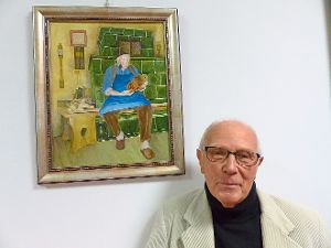 Original und Konterfei:  Der Künstler Hanswilli Pörschmann stellt sich auf einem Bild selbst als alten Uhrmacher dar.   Fotos: Kouba Foto: Schwarzwälder-Bote