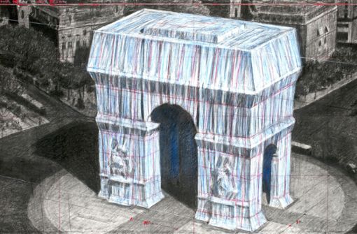 Der Arc de Triomphe  verschwindet 16 Tage  unter einem Stoffkleid – die Aufnahme zeigt eine von Christo angefertigte Zeichnung. Foto: AFP/ANDRE GROSSMANN