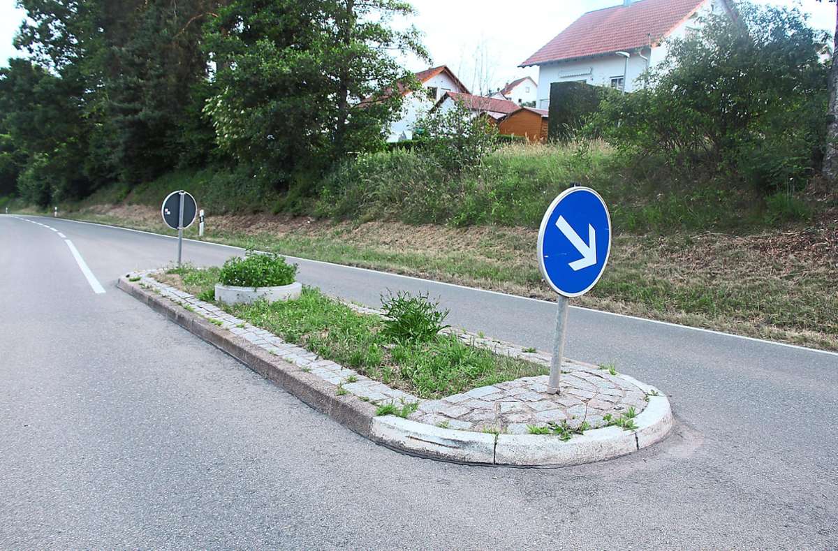 Auch auf der Verkehrsinsel am Ortsausgang von Neuweiler in Richtung Gaugenwald findet sich der bepflanzte Betonring. Foto: Buck