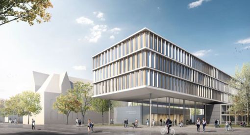 Der Entwurf des Berliner Architekturbüros Hascher Jehle Design ist noch im Rennen um den Auftrag für das neue Landratsamt. (Visualisierung) Foto: Hascher Jehle Design