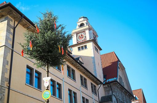 Der Weihnachtsbaum vor dem Ebinger Rathaus wurde zum Narrenbaum umfunktioniert. In anderen Stadtteilen wird darauf verzichtet. Foto: Müller