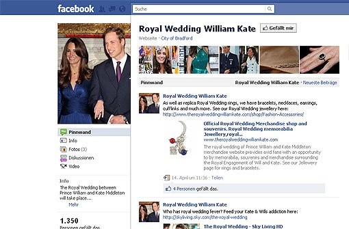 Bei Facebook gibt es - erwartungsgemäß - zahlreiche Fanseiten zu Prinz William, zu Kate Middleton oder speziell zur Hochzeit der Beiden. Die noch nicht so bekannte Facebook-Seite "Royal Wedding William Kate" hat derzeit 1350 Freunde. Diese ... Foto: Screenshot/SIR