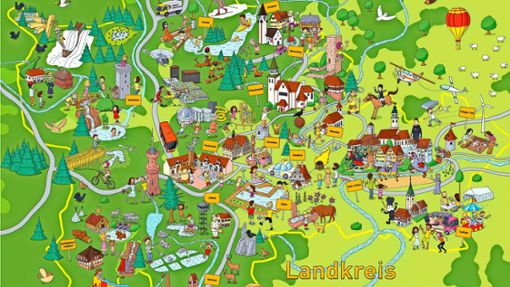 Das Wimmelbild mit Sehenswürdigkeiten aus allen Städten und Gemeinden des Landkreises. Foto: Landratsamt