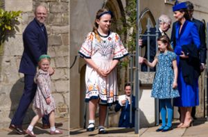 Blumengrüße aus Windsor: Lena und Mia Tindall und Prinzessin Charlotte (von links) beim Osterspaziergang zur Kirche. Foto: Imago/i Images