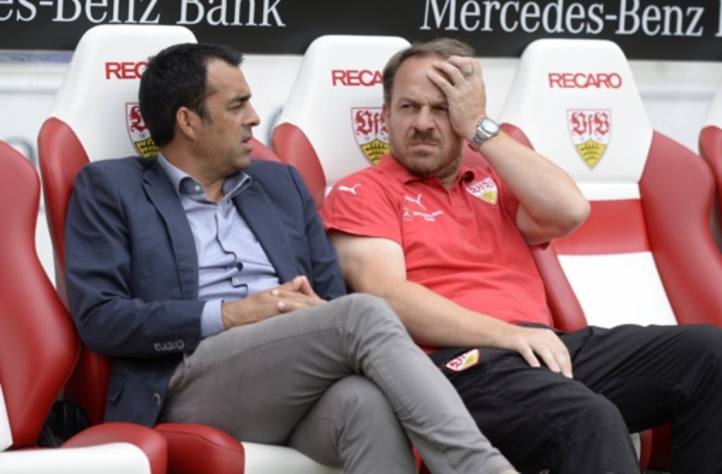 Sportvorstand Robin Dutt (links) und Trainer Alexander Zorniger haben am Samstag ein gutes Spiel des VfB Stuttgart gegen Manchester City gesehen. Dennoch fallen die Reaktionen auf den 4:2-Sieg verhalten aus. Foto: dpa