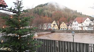 In den Tagen vor Weihnachten summierte sich die Regenmenge in Wolfach auf fast 70 Liter pro Quadratmeter und sorgte so dafür, dass Wolf und Kinzig ihr Bett verließen – wie hier am Gassensteg.  Foto: Bea Foto: Schwarzwälder Bote