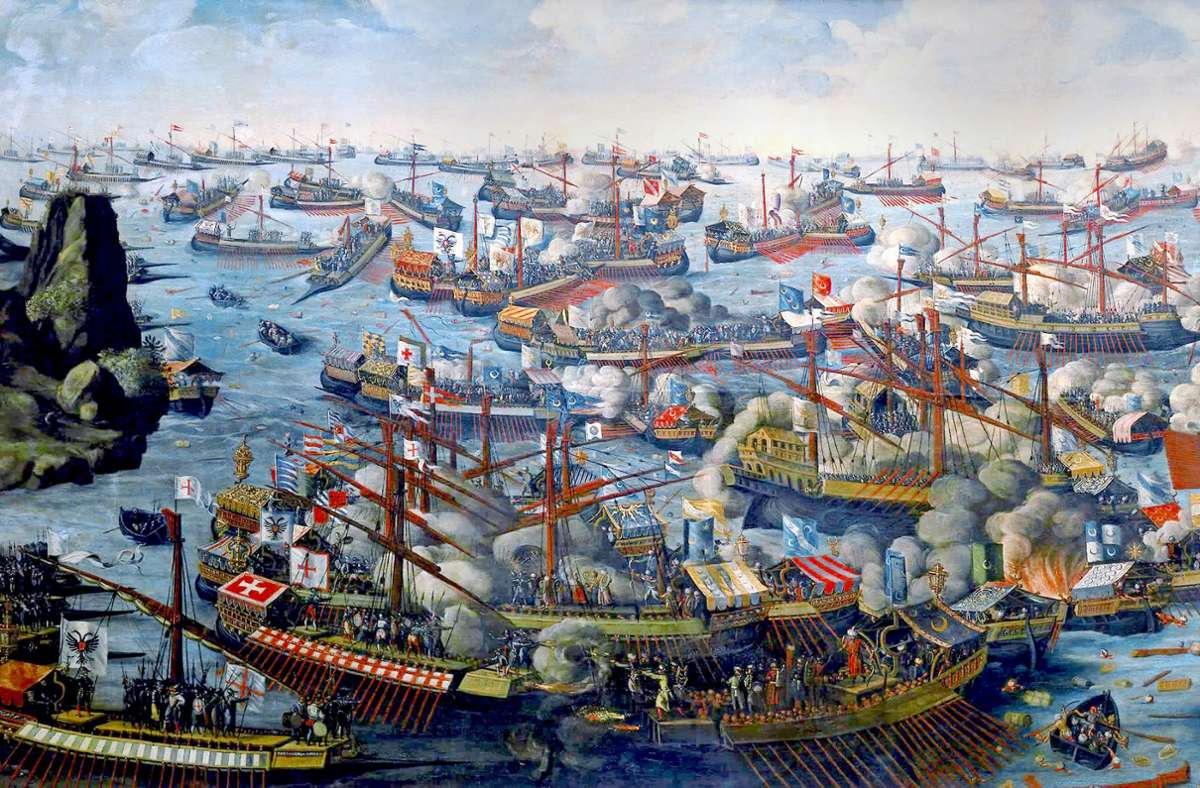 Die Seeschlacht von Lepanto 1571  (anonymes Gemälde aus dem späten 16. Jahrhundert)