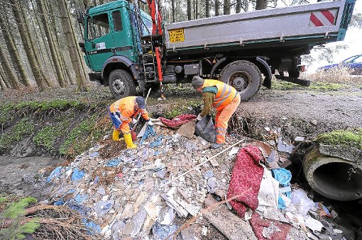 Über zehn Kubikmeter illegal entsorgten Müll mussten die Mitarbeiter der TDVS in einem Wald nahe Weigheim mit Unterstützung eines Krans entsorgen. Foto: Kienzler