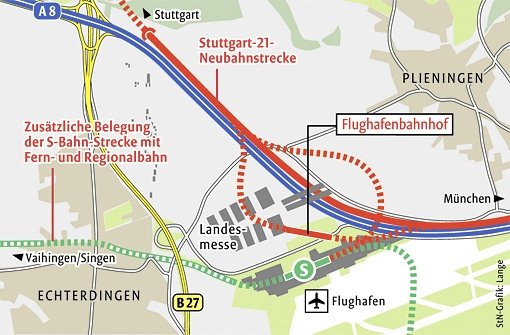 Die bisherige Planung sieht vor, dass Fernzüge aus Singen die S-Bahn-Station am Flughafen mitnutzen... Foto: StN-Grafik: Lange