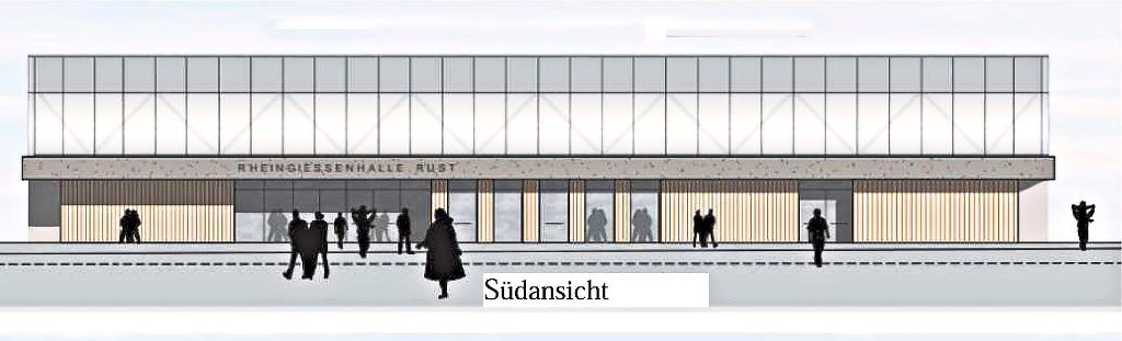 Die Grafik zeigt die Südansicht der geplanten Halle. Auffallend ist das Glasdach, das den Sportbetrieb bei Tag ohne Kunstlicht ermöglichen soll.