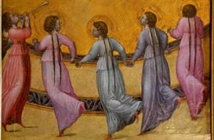 Jetzt wird es Tag: Wir haben den Himmel erreicht. Fünf tanzende Engel des Frührenaissance-Meisters Giovanni di Paolo nehmen uns in Empfang. Foto: Musée Condé /Wikioo.org