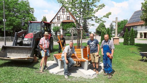 Männer des Albvereins haben eine Bank rund um die Katharinenlinde am Binsdorfer Stadtplatz aufgestellt. Foto: Albverein Foto: Schwarzwälder Bote