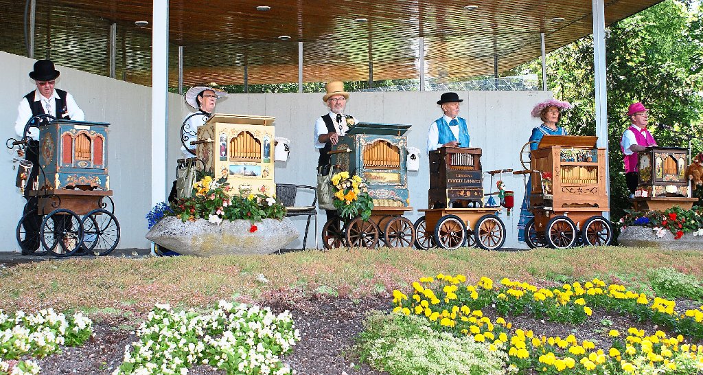 Ein buntes Bild gaben die Musiker  am Sonntag  beim Frühschoppenkonzert im Rahmen des Drehorgeltreffens  im Bad Dürrheimer Kurgarten ab.   Fotos: Limberger