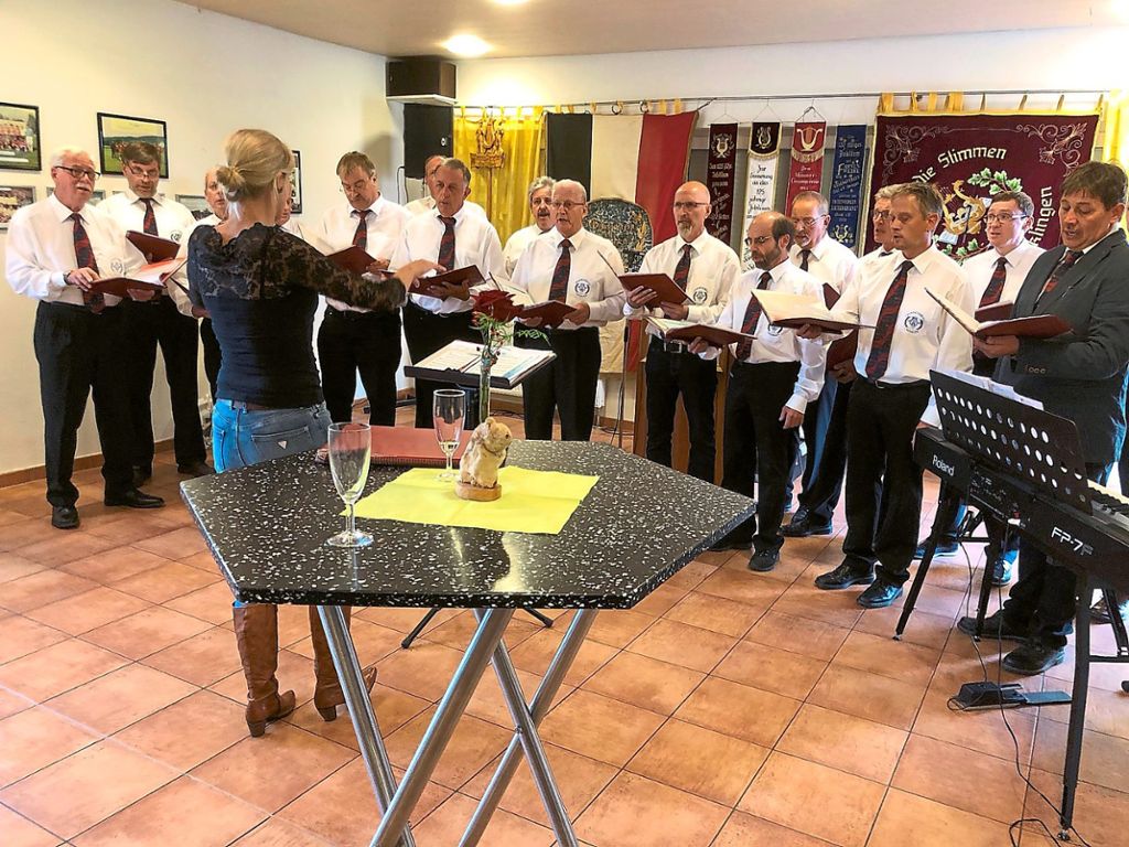 Die Sänger mit Dirigentin Patrizia Lormes-Schreijäg umrahmten die Totenehrung und den Festakt mit Liedern.  Fotos: Pfeffer