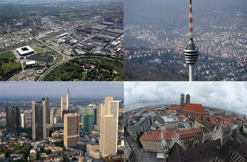 Klein, aber oho: Wolfsburg (links oben), Sitz des VW-Konzerns, hat unter den Städten hierzulande die größte Wirtschaftskraft pro Kopf. Eine Studie zeigt, dass nicht nur bekannte Metropolen wie München (rechts unten) Zugkraft haben. In unserer Fotostrecke stellen wir die zwanzig wirtschaftsstärksten Städte Deutschlands vor - klicken Sie sich durch. Foto: dpa/SIR (Montage)