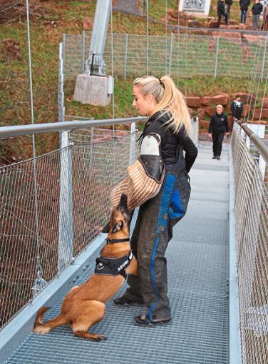 Täterin Sandra Noack wird vom Polizeihund auf der Hängebrücke gestellt.. Foto: Schwarzwälder Bote