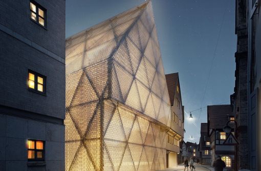 Ein dunkel geheimnisvoll schimmerndes Haus soll nach einem Entwurf von wulf architekten aus Stuttgart  in Reutlingens Altstadt entstehen. Foto: wulf architekten /Visualisierung: Brutal&Delikat