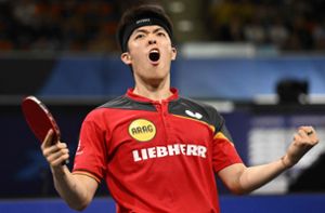 Dang Qiu bejubelt den bisher größten Erfolg seiner Karriere. Foto: AFP/Tobias Schwarz