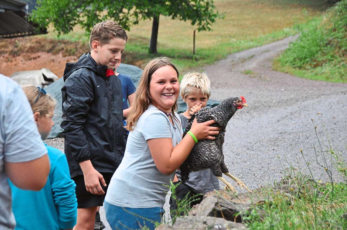 Mathilda freut sich darüber, das Huhn tragen zu dürfen. Damit die Tiere aber nicht zu sehr gestresst werden, dürfen sie nach kurzer Zeit schon ins Gehege zurück.