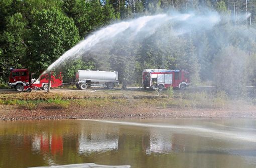 Mit einer Art Wasserwerfer-Kanone pumpte die Feuerwehr Wasser in den Bömbachsee – in der Hoffnung, dass dieses Verfahren für eine zusätzliche Sauerstoffanreicherung sorgt. Foto: Stadler