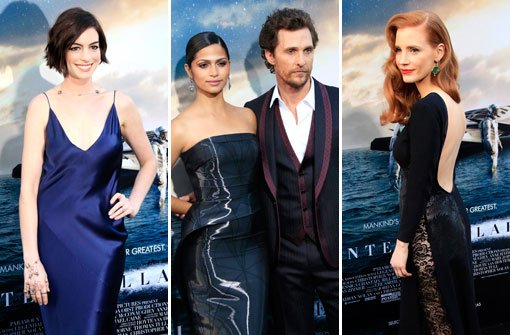 Der Interstellar-Cast ist hochkarätig besetzt: Die Hollywoodstars Anne Hathaway, Matthew McConaughey (mit Frau) und Jessica Chastain. Foto: dpa